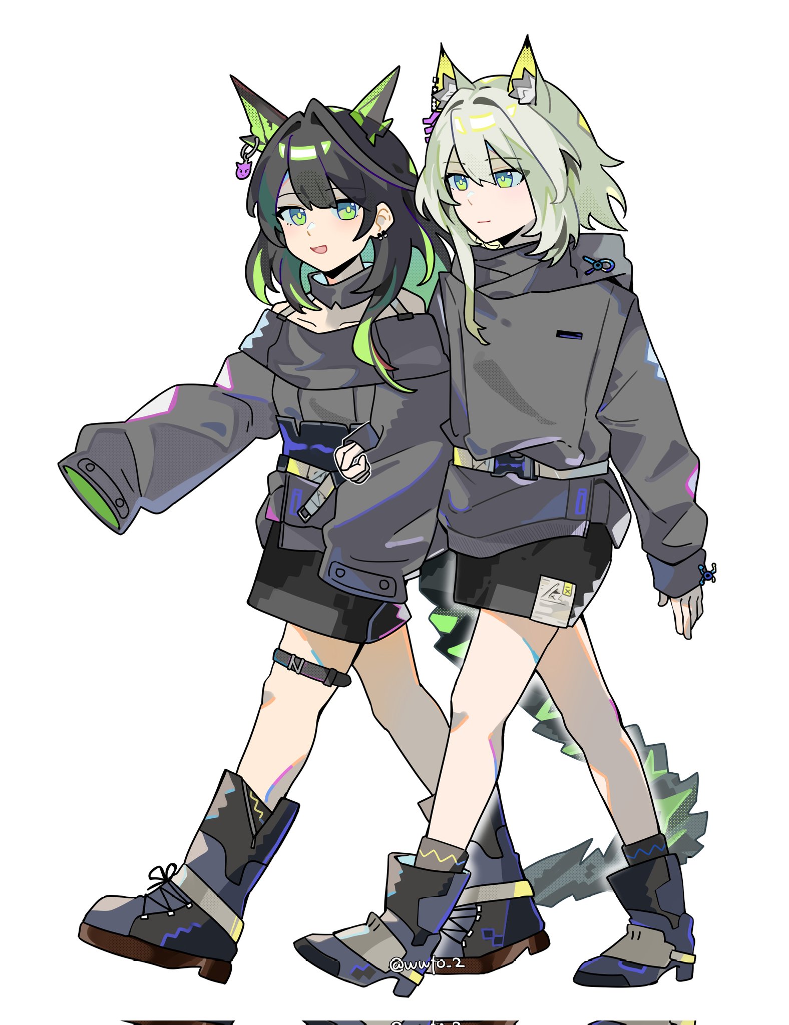wwfo 2, kal'tsit (arknights), mon3tr (arknights), arknights, corrupted twitter file, highres, 2girls, ahoge, alternate costume, animal ear fluff, animal ears, ankle boots, bare shoulders, black boots, black shorts, boots, closed mouth, collarbone, earrings, emoji, full body, green eyes, green hair, grey jacket, hair between eyes, huge ahoge, jacket, jewelry, knee boots, multiple girls, off shoulder, open mouth, short hair with long locks, shorts, simple background, sleeves past fingers, sleeves past wrists, smile, standing, tail, thigh strap, twitter username, walking, watermark, white background