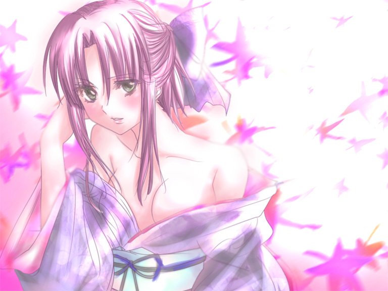 mizunashi akari, aria (manga), 00s, 1girl, alternate costume, blush, breasts, cleavage, collarbone, drunk, female focus, green eyes, half updo, japanese clothes, kimono, large breasts, leaf, looking at viewer, open clothes, open kimono, short hair with long locks, sidelocks, simple background, solo, upper body, white background