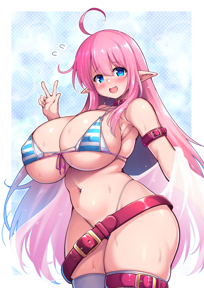 c.r., original, commentary request, highres, 1girl, ahoge, belt, bikini, blue background, blue bikini, blue eyes, border, breasts, bush, covered erect nipples, curvy, hair between eyes, huge breasts, long hair, looking at viewer, multicolored bikini, open mouth, pink hair, pointy ears, sideboob, sidelocks, smile, solo, standing, striped bikini, striped clothes, swimsuit, thighhighs, two-tone bikini, v, very long hair, white bikini, white border, white thighhighs