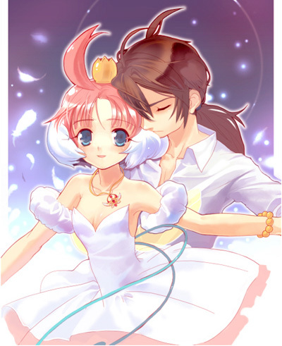 ahiru (princess tutu), fakir (princess tutu), princess tutu (character), princess tutu, lowres, 00s, 1boy, 1girl, ahoge, ballerina, ballet, bare shoulders, blue eyes, bracelet, brown hair, closed eyes, couple, crown, dress, feathers, head wings, hetero, jewelry, multicolored hair, necklace, pink hair, ponytail, ribbon, smile, tutu, two-tone hair, wings