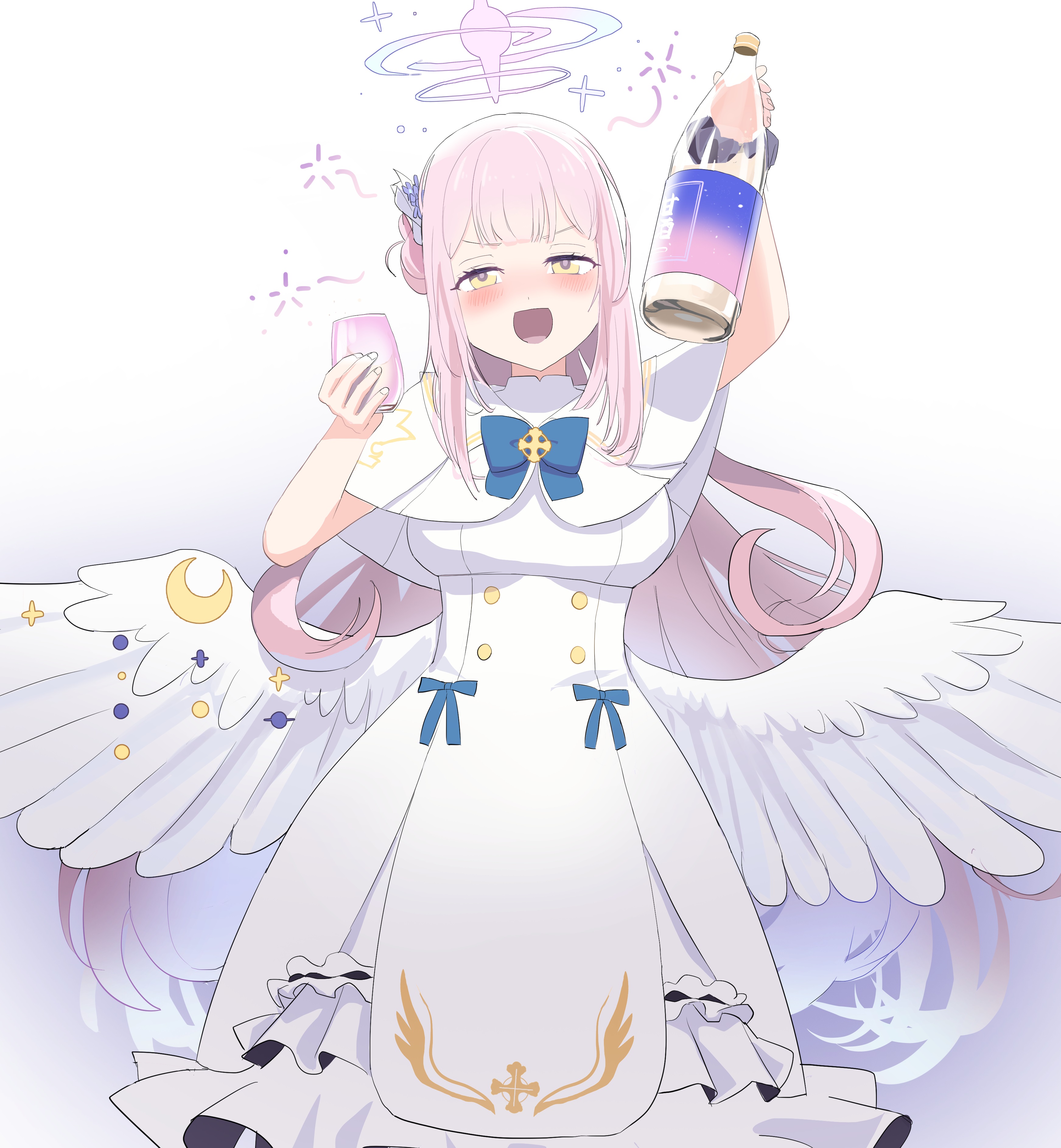 felix (mtw93), mika (blue archive), blue archive, absurdres, highres, angel wings, arm up, blue bow, blue bowtie, blush, bottle, bow, bowtie, breasts, buttons, capelet, cup, double-breasted, dress, drinking glass, drunk, feathered wings, hair bun, halo, high-waist skirt, holding, holding bottle, holding cup, low wings, medium breasts, open mouth, pink hair, pink halo, simple background, single hair bun, single side bun, skirt, smile, underbust, white background, white capelet, white dress, white overskirt, white skirt, white wings, wine bottle, wine glass, wing ornament, wings, yellow eyes