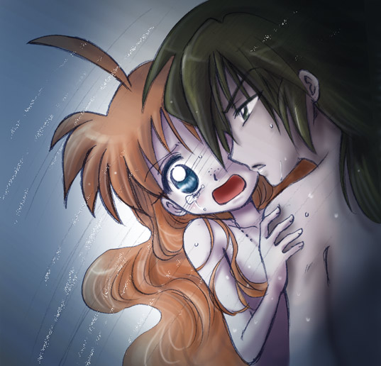 ahiru (princess tutu), fakir (princess tutu), princess tutu, 00s, 1boy, 1girl, ahoge, blue eyes, couple, freckles, hetero, jewelry, necklace, nude, open mouth, tears