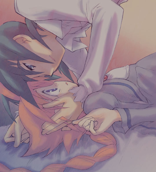 ahiru (princess tutu), fakir (princess tutu), princess tutu, 00s, 1boy, 1girl, ahoge, blue eyes, braid, eye contact, freckles, looking at another, lying, on back, red hair