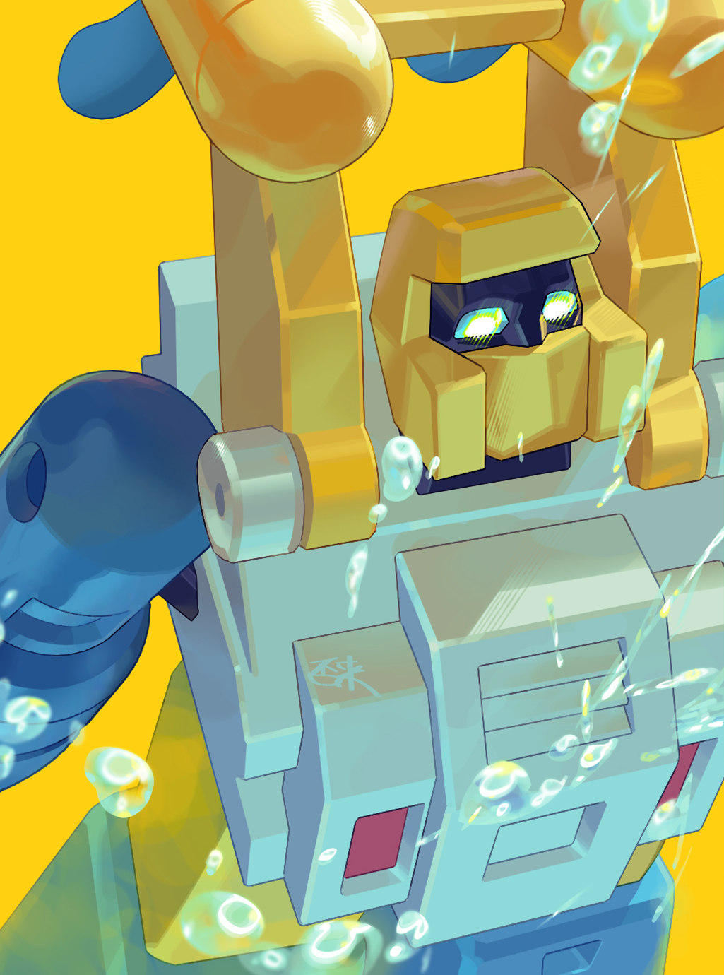 inaki shinrou, seaspray (transformers), transformers, commentary, highres, air bubble, autobot, bubble, no humans, propeller, robot, simple background, underwater, yellow background