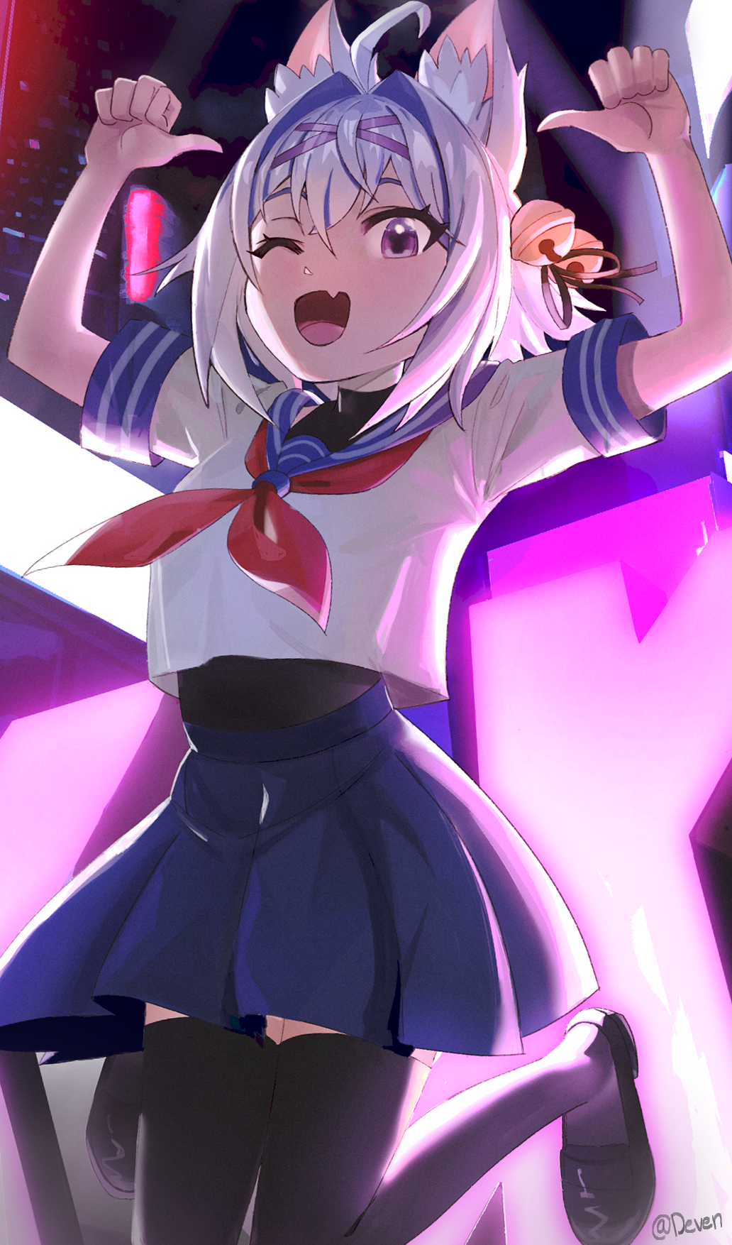 filian (vtuber), rindo (vrchat), indie virtual youtuber, artist request, check artist, commentary, english commentary, highres, 1girl, ;d, animal ear fluff, animal ears, bell, black shoes, black thighhighs, blue sailor collar, blue skirt, building, cat ears, cat girl, collared shirt, eyelashes, fang, hair bell, hair intakes, hair ornament, midair, neckerchief, nougatroast, one eye closed, open mouth, pointing, pointing at self, pointing with thumb, purple eyes, red neckerchief, sailor collar, school uniform, serafuku, shirt, shoes, short sleeves, skin fang, skirt, smile, solo, thighhighs, virtual youtuber, white hair, white shirt