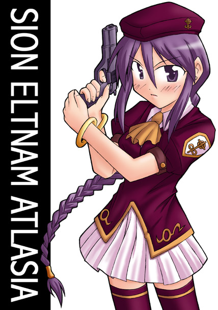 sion eltnam (type-moon), sion eltnam atlasia, melty blood, tsukihime, type-moon, 00s, 1girl, bracelet, braid, female focus, gun, handgun, jewelry, miniskirt, pistol, purple eyes, purple hair, skirt, solo, thighhighs, weapon, zettai ryouiki