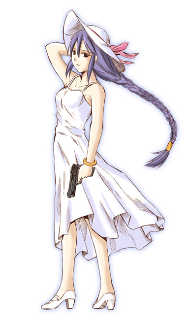 toshibou (satsukisou), sion eltnam (type-moon), sion eltnam atlasia, melty blood, tsukihime, type-moon, 00s, 1girl, bracelet, braid, dress, female focus, full body, gun, handgun, hat, jewelry, pistol, purple eyes, purple hair, simple background, solo, standing, sundress, weapon, white background