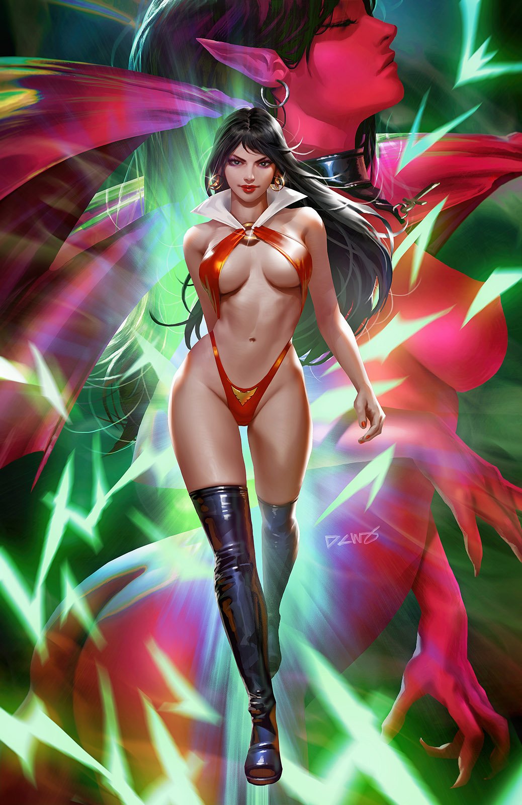 dcwj, vampirella (character), vampirella, highres, 2girls, black boots, black hair, boots, breasts, collar, colored skin, crossover, demon girl, earrings, jewelry, long hair, looking at viewer, medium breasts, multiple girls, navel, pointy ears, purgatori, purgatori (series), red skin, thigh boots, white collar