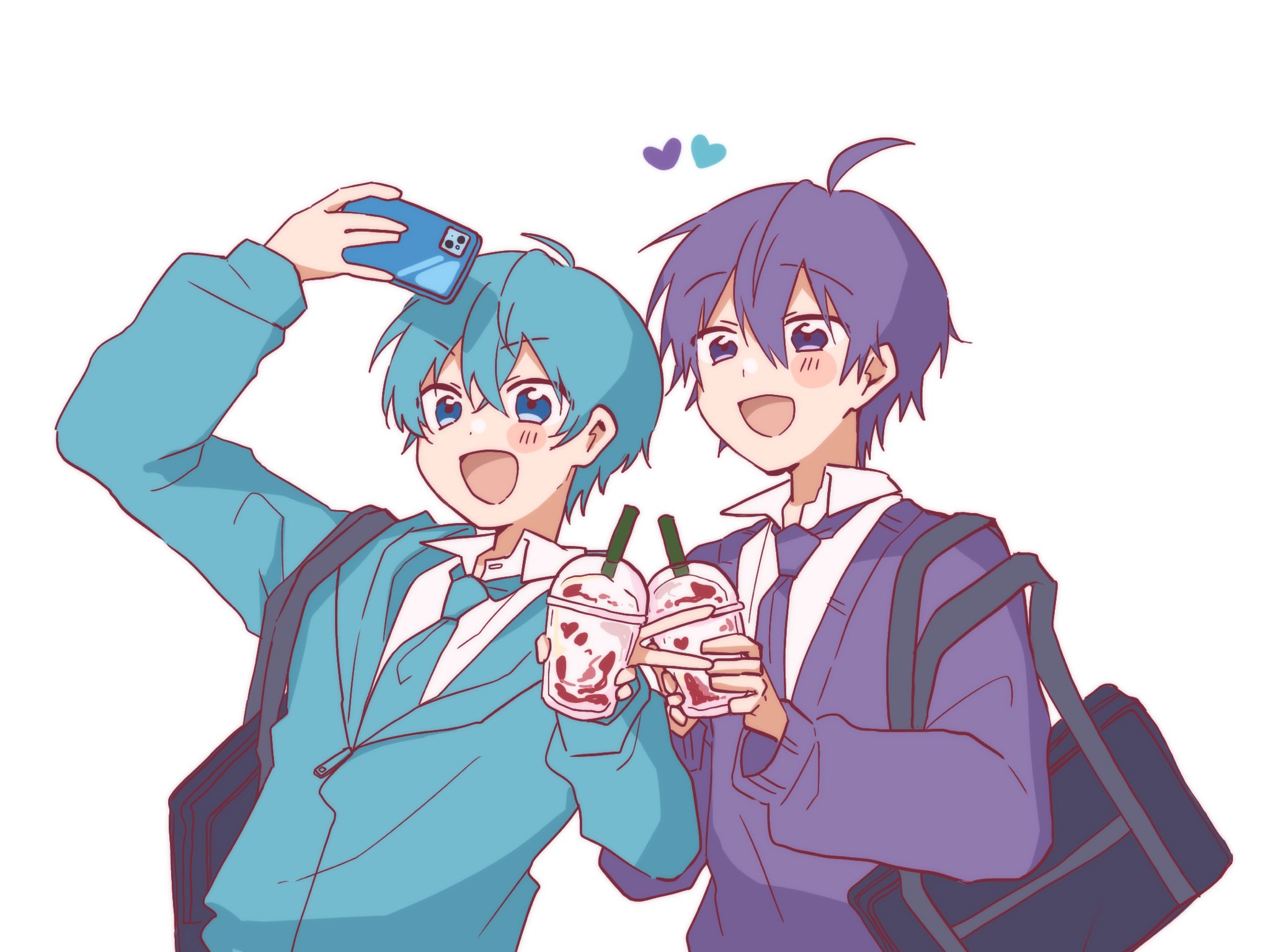 colon (stpri), nanamori (stpri), strawberry prince, highres, 2boys, ahoge, bag, blue eyes, blue hair, blue jacket, blue necktie, blush stickers, cup, disposable cup, hair between eyes, holding, holding cup, jacket, long sleeves, male focus, multiple boys, necktie, open mouth, purple eyes, purple hair, purple necktie, purple shirt, shirt, short hair, shoulder bag, simple background, smile, uniuni12040427, upper body, white background