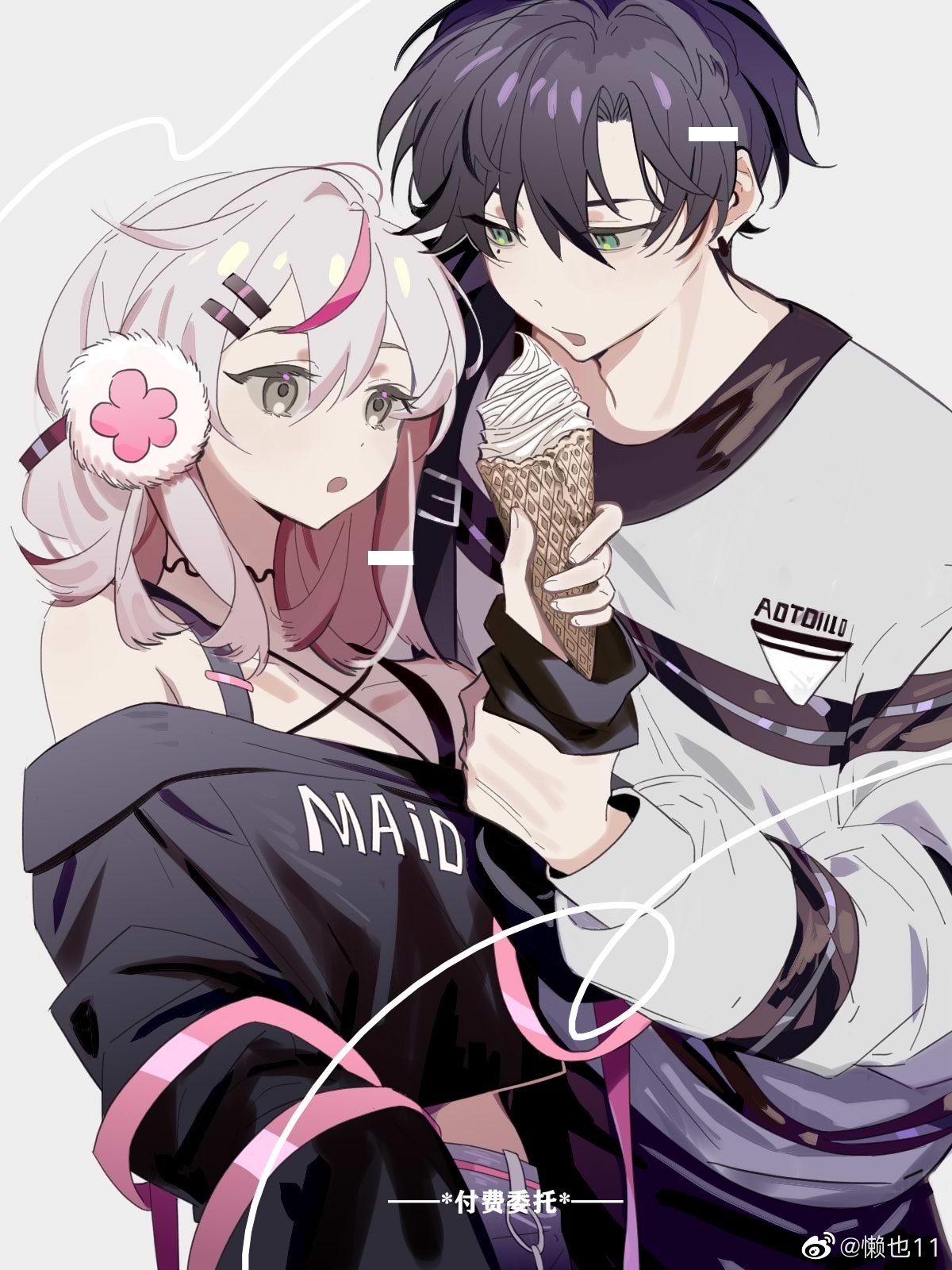 original, highres, 1boy, 1girl, bare shoulders, belt, black hair, food, green eyes, grey eyes, hair ornament, hairclip, hetero, holding, holding food, holding ice cream, holding ice cream cone, ice cream, ice cream cone, lanye11, long hair, long sleeves, looking at another, multicolored hair, off shoulder, open mouth, pink hair, shirt, short hair, streaked hair