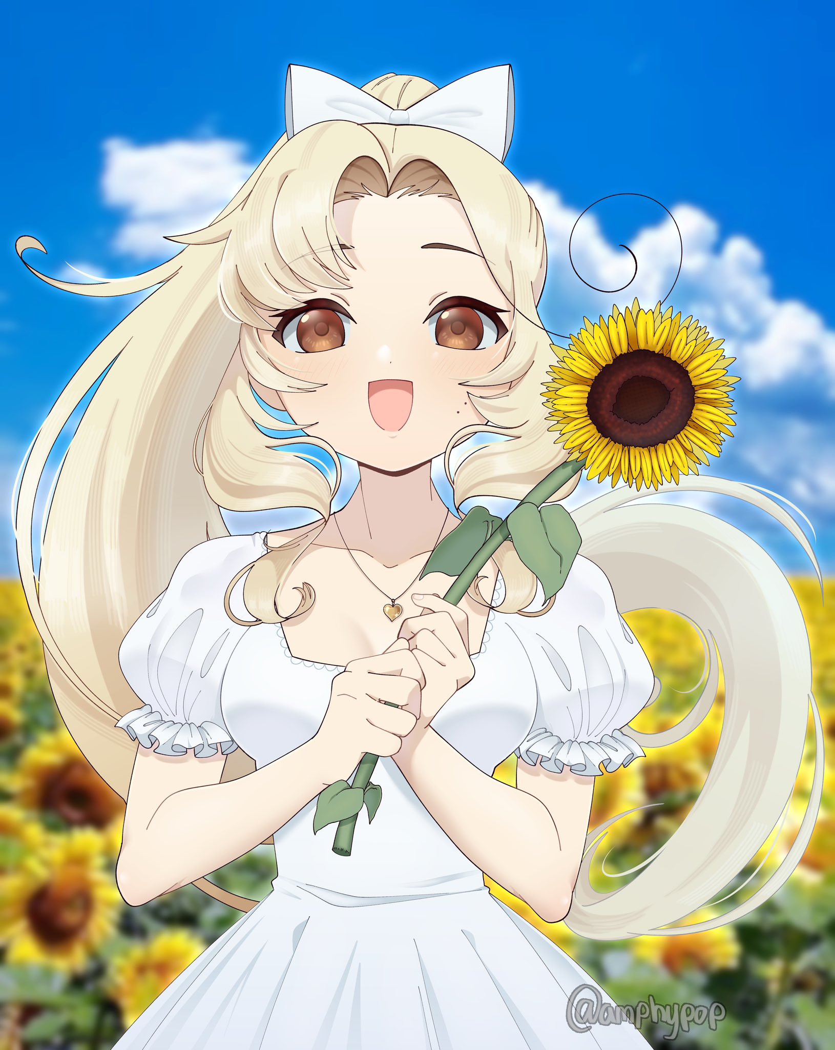 amphypop, original, highres, 1girl, artist name, blonde hair, blue sky, borrowed character, bow, breasts, brown eyes, cleavage, cloud, doopie (doopiedoover), dress, field, flower, flower field, hair bow, holding, jewelry, long hair, looking at viewer, medium breasts, morning, necklace, open mouth, ponytail, sky, smile, solo, sunflower, sunflower field, white bow, white dress