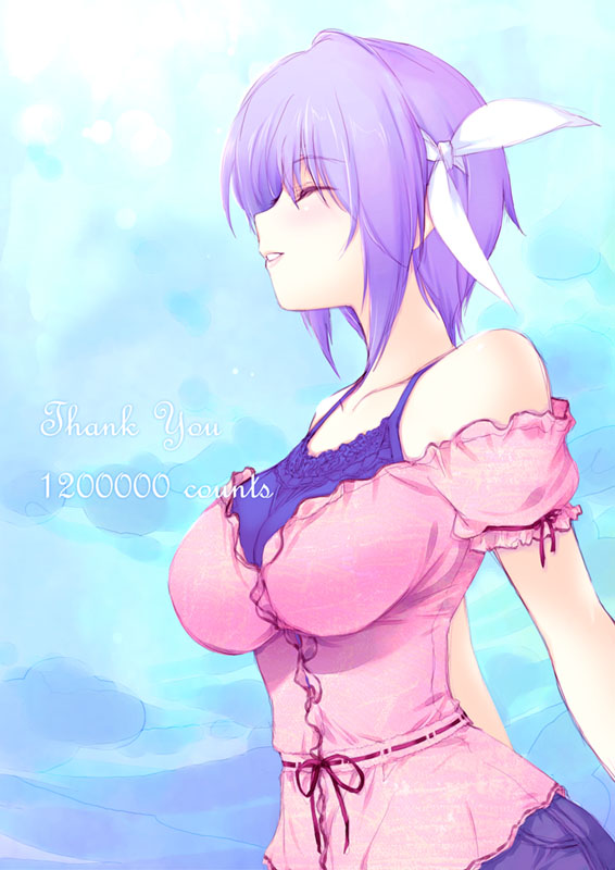 iizuki tasuku, ayane (doa), dead or alive, tecmo, 1girl, blush, casual, closed eyes, female focus, hair ribbon, purple hair, ribbon, short hair, smile, solo