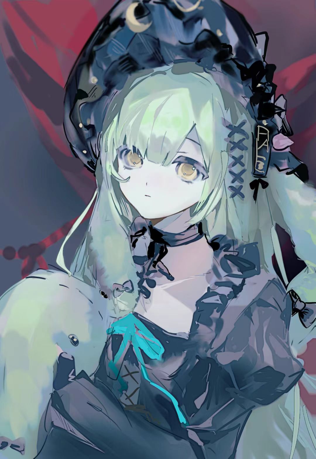 wakaba mutsumi, arknights, bang dream!, bang dream! it's mygo!!!!!, chinese commentary, commentary request, highres, 1girl, ace zephry, animal ears, black bonnet, black choker, black dress, bonnet, choker, closed mouth, dress, expressionless, floppy ears, gothic lolita, green hair, hair ornament, juliet sleeves, lolita fashion, long hair, long sleeves, looking at viewer, puffy sleeves, rabbit ears, rabbit girl, sidelocks, solo, upper body, wakaba mutsumi (marionette's id), x hair ornament, yellow eyes