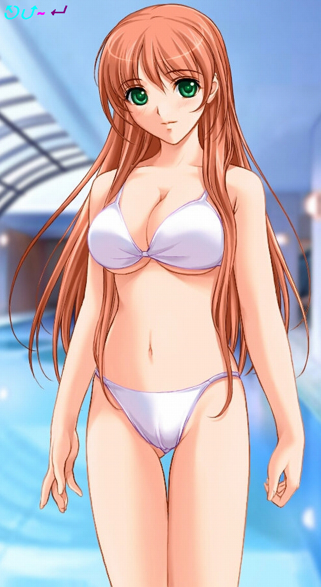 sano toshihide, aoi ren, akibakei kanojo, 1girl, bikini, breasts, cleavage, female focus, green eyes, large breasts, long hair, orange hair, solo, standing, swimsuit, underboob, watermark, white bikini