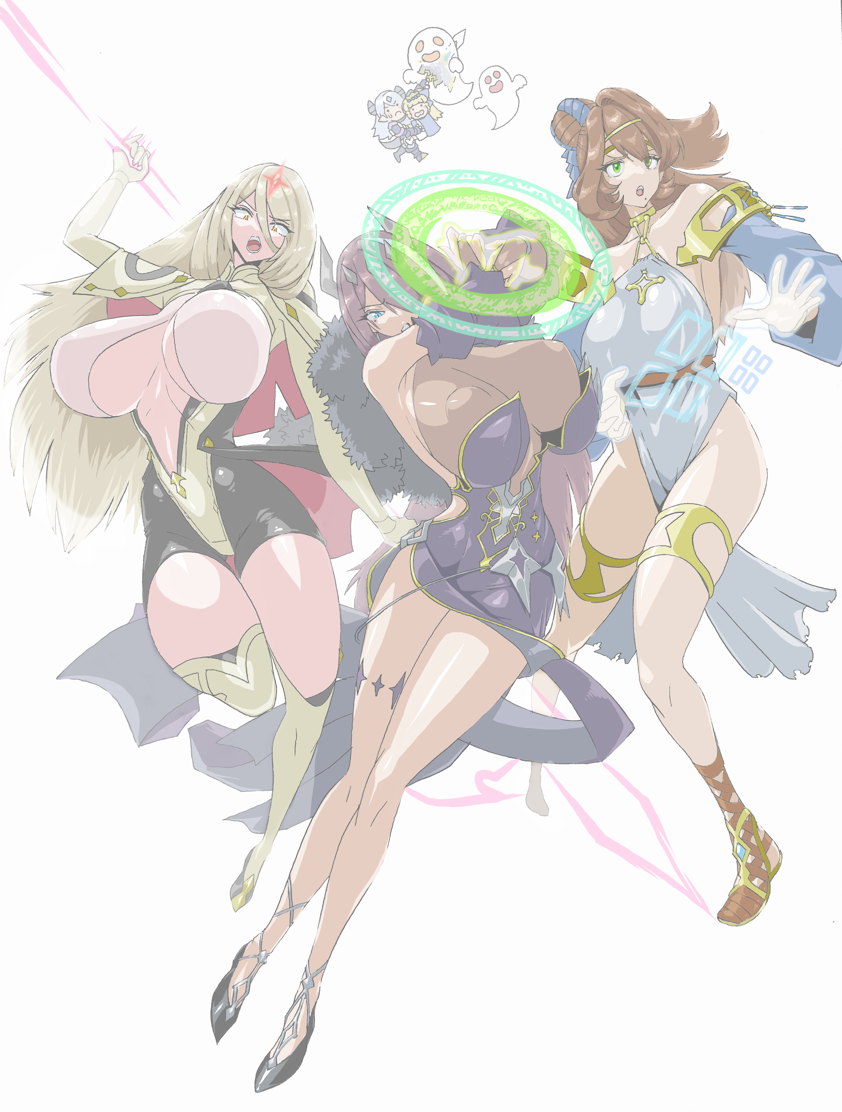 luna (epic seven), epic seven, absurdres, character request, highres, 1boy, 4girls, blonde hair, blue eyes, breasts, brown hair, clothing cutout, crown, ghost, green eyes, grey hair, hair over one eye, horns, large breasts, mole, mole under eye, mole under mouth, multiple girls, open mouth, orange eyes, prince aither, purple hair, simple background, single hair streak, sweatdrop, taconori, tail