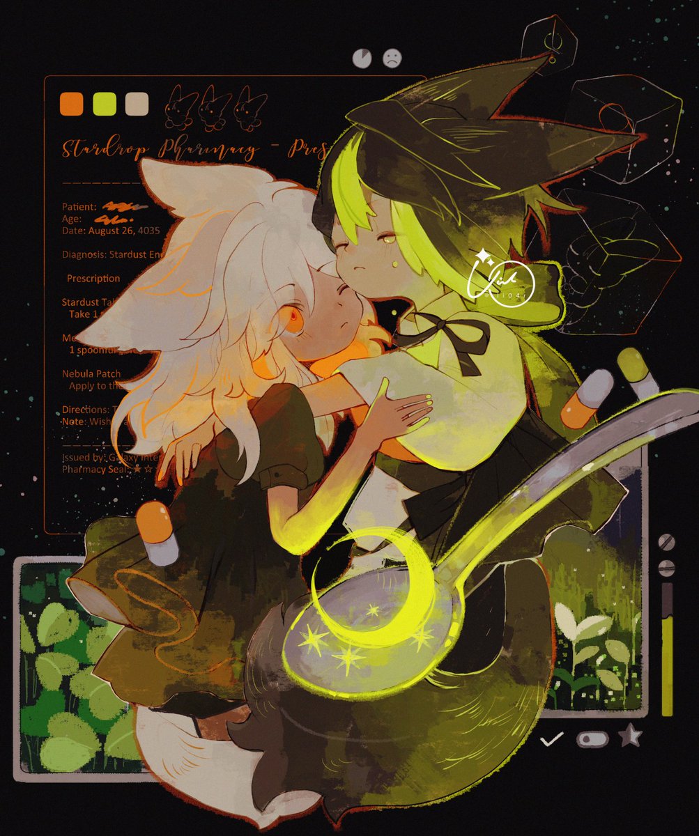 li04r, cyno (genshin impact), tighnari (genshin impact), genshin impact, ears back, commentary, hashtag-only commentary, highres, 2boys, arm around neck, black hair, black ribbon, black shirt, closed eyes, closed mouth, collared shirt, crescent, crying, dark-skinned male, dark skin, english text, frown, green hair, hug, leaf, looking at another, male focus, medium hair, multicolored hair, multiple boys, neck ribbon, one eye closed, orange eyes, plant, ribbon, shirt, short sleeves, sprout, streaked hair, tail, tears, white hair, white shirt, wing collar