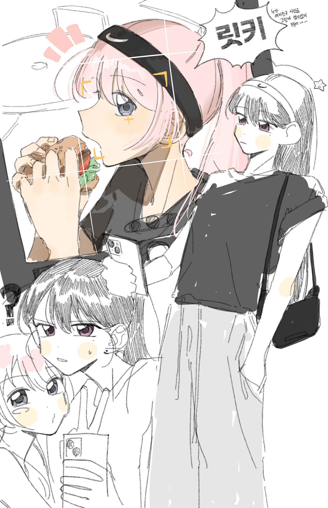 otaku5252, chihaya anon, shiina taki, bang dream!, bang dream! it's mygo!!!!!, highres, 2girls, blush, grey eyes, long hair, mole, mole under eye, multiple girls, open mouth, pink hair, purple eyes, white background, yuri
