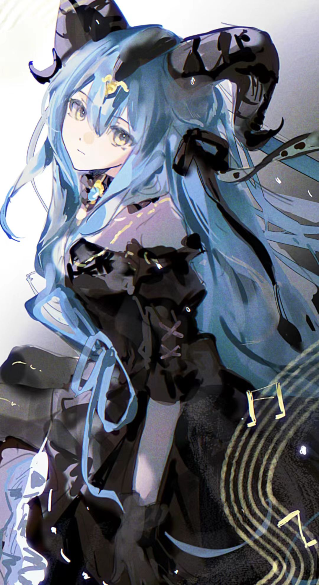 togawa sakiko, arknights, bang dream!, bang dream! it's mygo!!!!!, chinese commentary, commentary request, highres, 1girl, ace zephry, black dress, black gloves, black horns, black ribbon, blue hair, closed mouth, curled horns, detached collar, dress, from side, gloves, hair ribbon, horns, long hair, looking at viewer, musical note, musical staff, ribbon, sidelocks, solo, togawa sakiko (master of melodia), yellow eyes