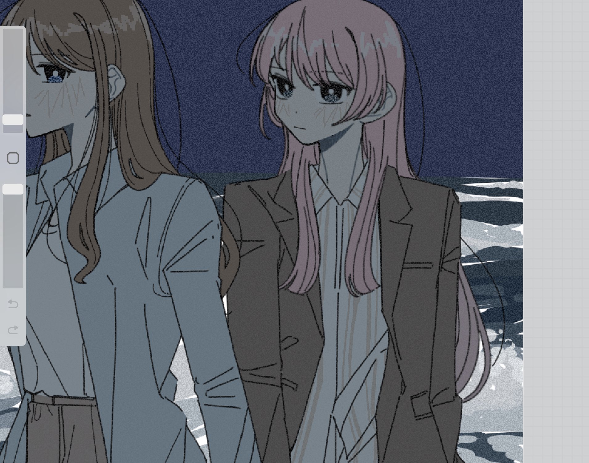 otaku5252, chihaya anon, nagasaki soyo, bang dream!, bang dream! it's mygo!!!!!, highres, 2girls, blue eyes, blush, brown hair, grey eyes, jacket, long hair, long sleeves, multiple girls, pink hair, simple background