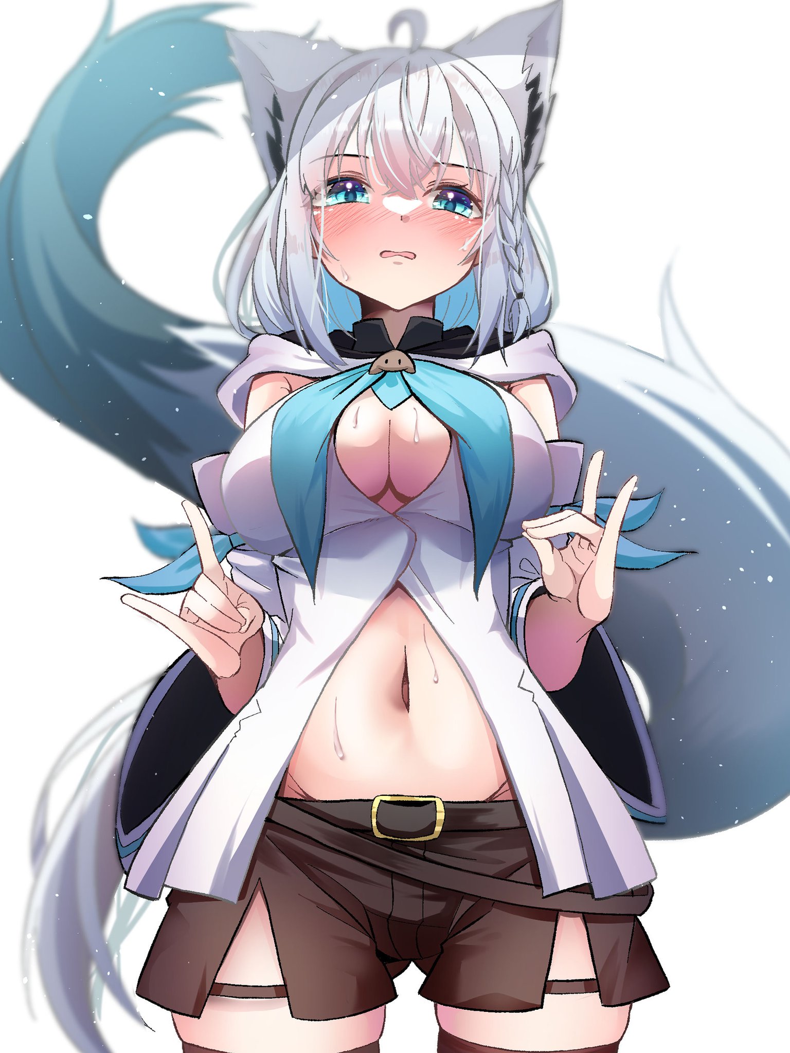 kimura mitsuki, shirakami fubuki, shirakami fubuki (1st costume), hololive, commentary request, highres, 1girl, ahoge, animal ears, belt, black belt, black shorts, black thighhighs, blue eyes, blue neckerchief, blush, breasts, cleavage, cleavage cutout, clothing cutout, cowboy shot, fox ears, fox girl, fox shadow puppet, fox tail, hood, hoodie, large breasts, long hair, looking at viewer, navel, neckerchief, open mouth, shorts, solo, stomach, sweat, tail, thigh strap, thighhighs, thighs, virtual youtuber, white hoodie