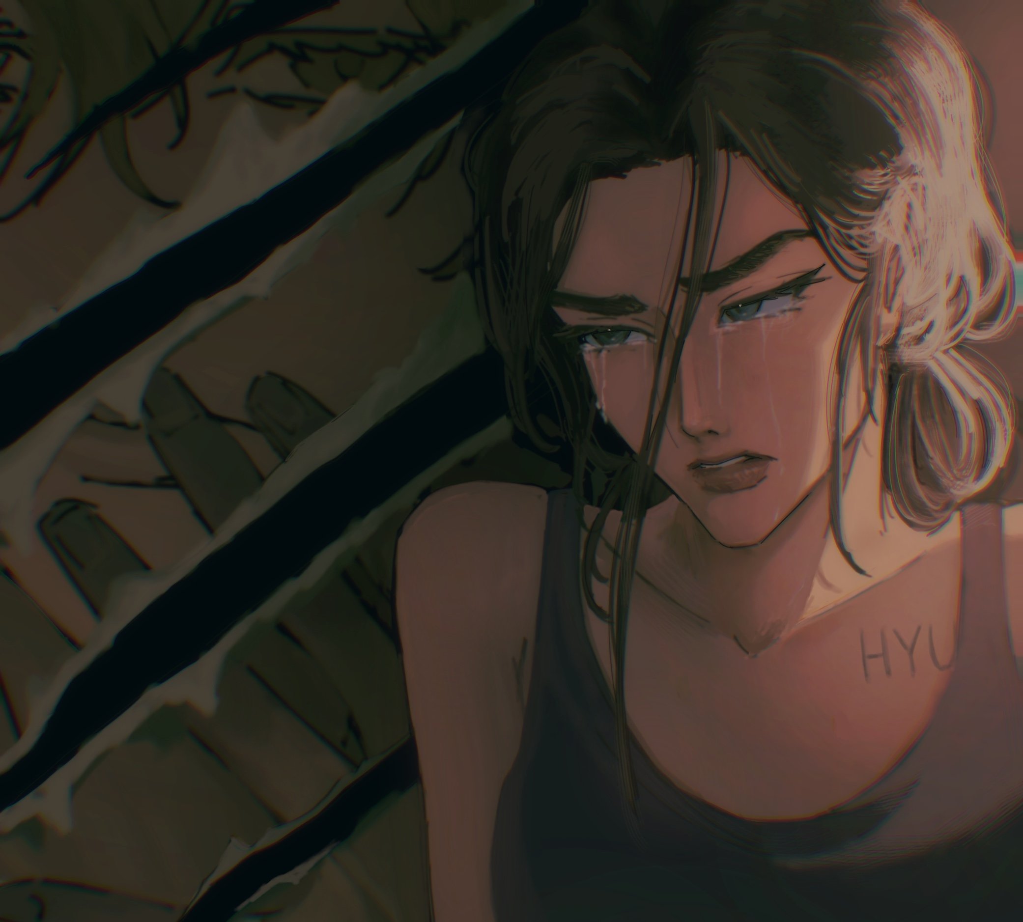 hyuna (alien stage), luka (alien stage), alien stage, commentary, english commentary, highres, 1boy, 1girl, black tank top, brown hair, chest tattoo, crying, crying with eyes open, dark-skinned female, dark skin, grey eyes, miwtellite, parted lips, poster (object), tank top, tattoo, tears, torn paper