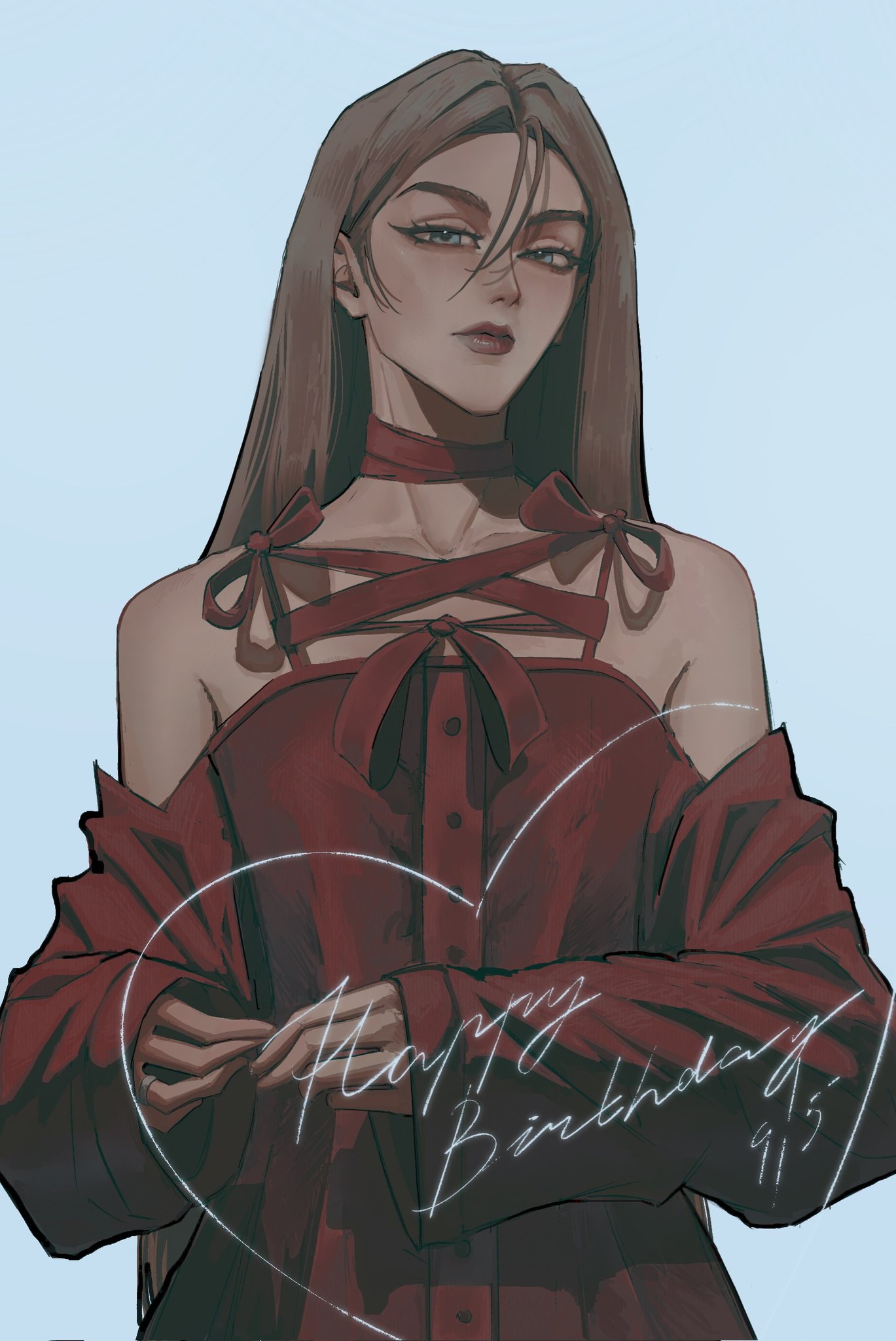 hyuna (alien stage), alien stage, commentary, english commentary, highres, 1girl, alternate costume, bare shoulders, brown hair, buttons, choker, dark-skinned female, dark skin, dated, dress, english text, happy birthday, heart, long hair, miwtellite, red choker, red dress, solo