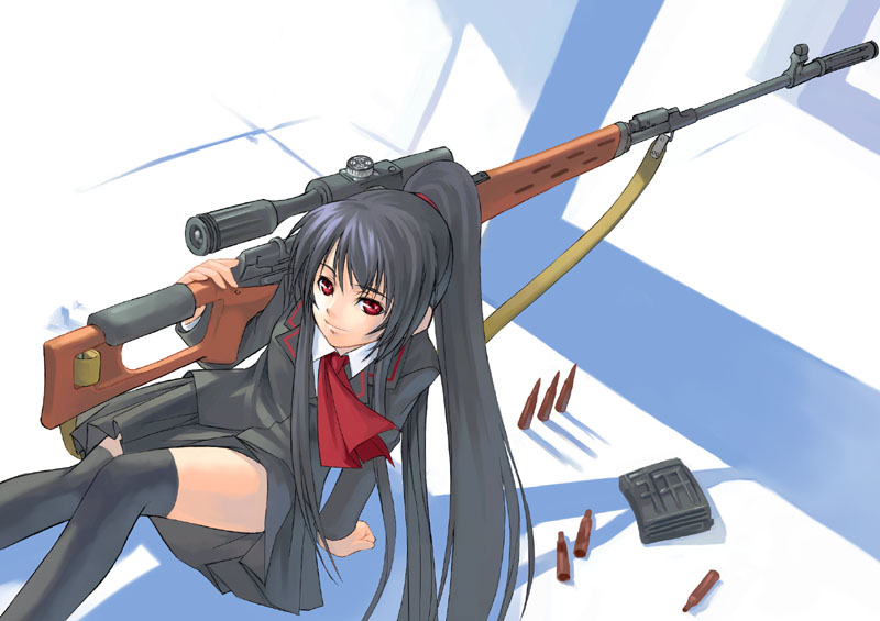nakazy, 1girl, black hair, bullet, cartridge, dragunov svd, female focus, gun, long hair, magazine (object), magazine (weapon), muzzle device, ponytail, red eyes, rifle, school uniform, scope, serafuku, shell casing, smile, sniper rifle, solo, thighhighs, thumbhole stock, weapon