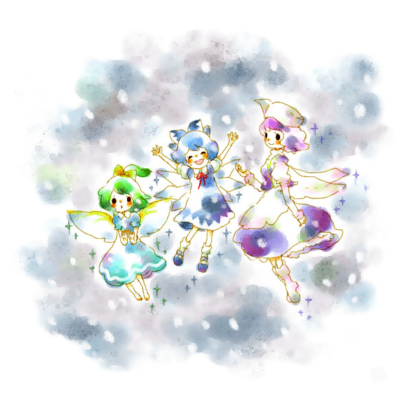 mana (artist), cirno, daiyousei, letty whiterock, touhou, blue footwear, white footwear, white legwear, 3girls, :d, ^ ^, apron, arms up, barefoot, black border, blue dress, blue hair, boots, border, bow, closed eyes, cloud, collared shirt, dress, fairy, fairy wings, female focus, flying, full body, green hair, hair bow, happy, hat, juliet sleeves, knee boots, long sleeves, looking at viewer, mary janes, multiple girls, o/, open mouth, outstretched arms, pinafore dress, pink hair, ponytail, puffy short sleeves, puffy sleeves, purple dress, red ribbon, ribbon, shirt, shoes, short sleeves, sleeveless, sleeveless dress, smile, snow, snowing, socks, solid circle eyes, waist apron, white apron, white hat, wing collar, wings, yellow bow