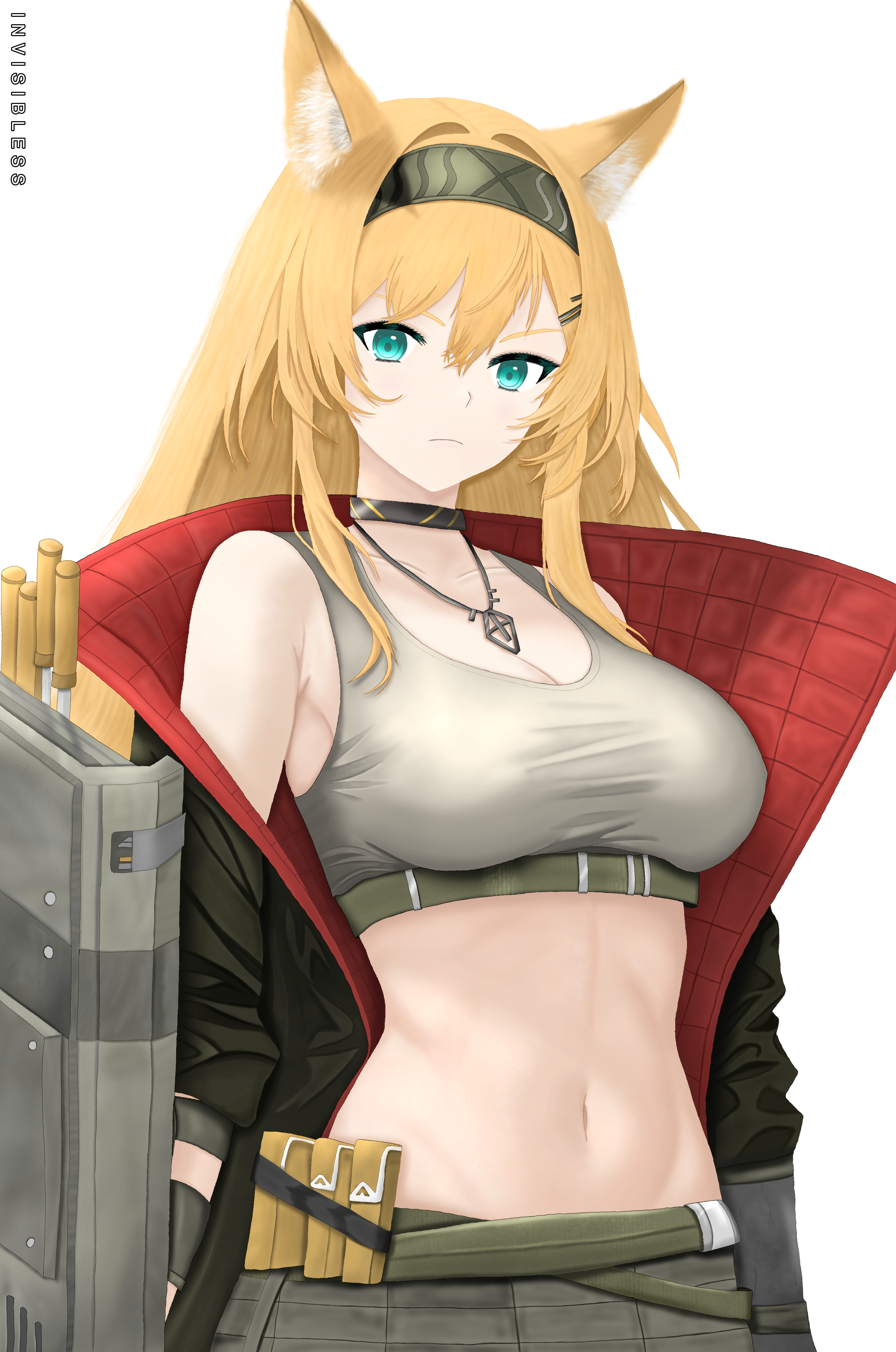 invisibless, horn (arknights), arknights, absurdres, commentary, english commentary, highres, 1girl, animal ears, aqua eyes, artist name, black choker, black jacket, blonde hair, breasts, choker, cleavage, closed mouth, crop top, green hairband, grey shorts, grey sports bra, hair ornament, hairband, hairclip, jacket, jewelry, long hair, long sleeves, looking at viewer, medium breasts, navel, necklace, open clothes, open jacket, shorts, sidelocks, solo, sports bra, sportswear, standing, upper body, white background, wolf ears, wolf girl