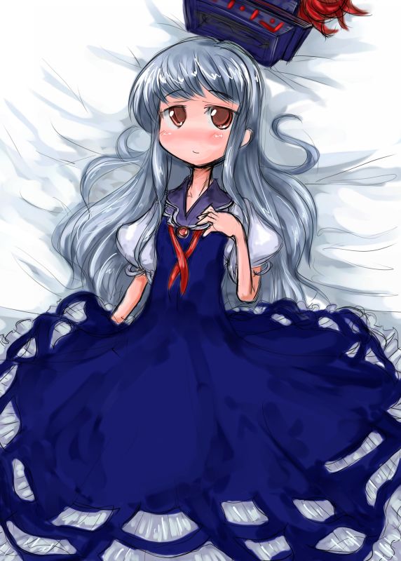 tao, tao (kadoya), kamishirasawa keine, touhou, silver hair, 1girl, blue hair, blush, brown eyes, dress, female focus, hat, long hair, lying, no nose, on back, red eyes, solo, unworn hat, unworn headwear