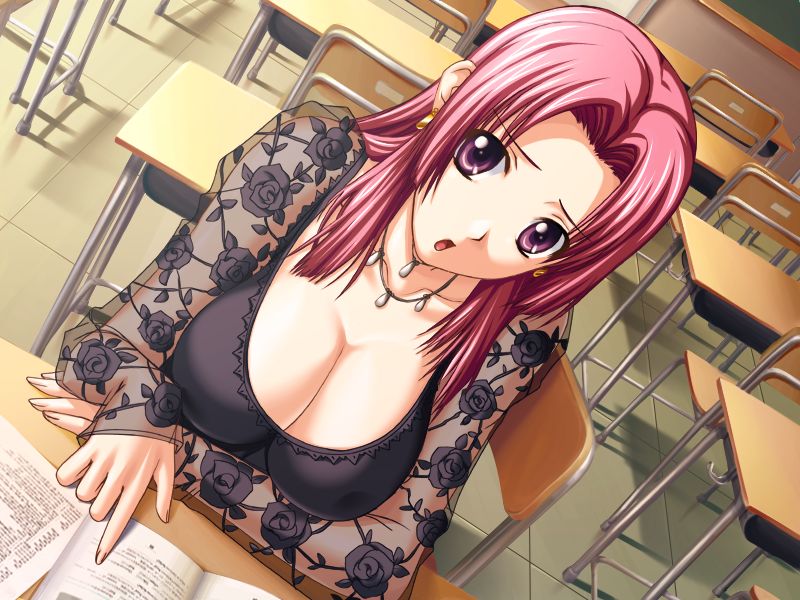 shironeko sanbou, ooeyama inori, tsuyokiss, game cg, 1girl, book, breasts, chair, classroom, cleavage, collarbone, desk, dutch angle, earrings, female focus, fingernails, huge breasts, indoors, jewelry, long fingernails, long hair, looking at viewer, mature female, necklace, open book, open mouth, pink eyes, pink hair, pointing, red hair, school, sitting, solo, teacher
