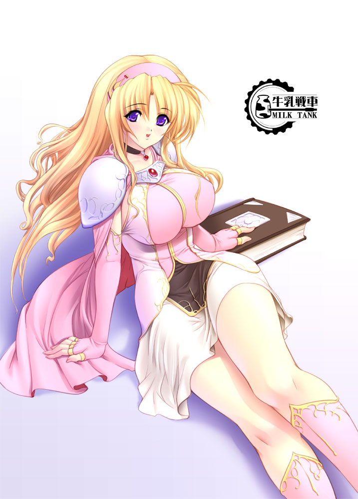 gunner-l, tiena (fire emblem), fire emblem, fire emblem: hasha no tsurugi, nintendo, blonde hair, book, breasts, cape, elbow gloves, gloves, huge breasts, long hair, purple eyes, solo