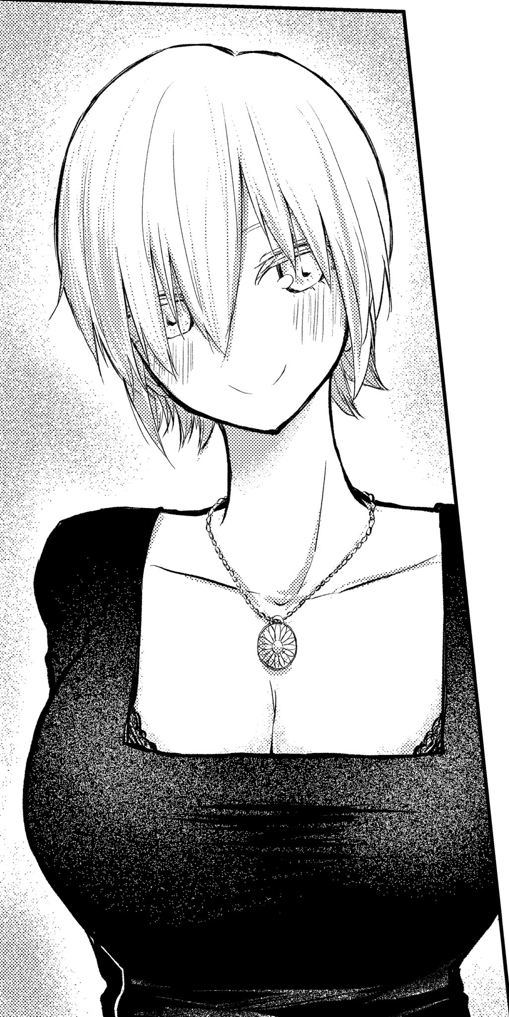 kawakami sanruishu, original, highres, 1girl, blush, breasts, greyscale, jewelry, large breasts, monochrome, necklace, smile