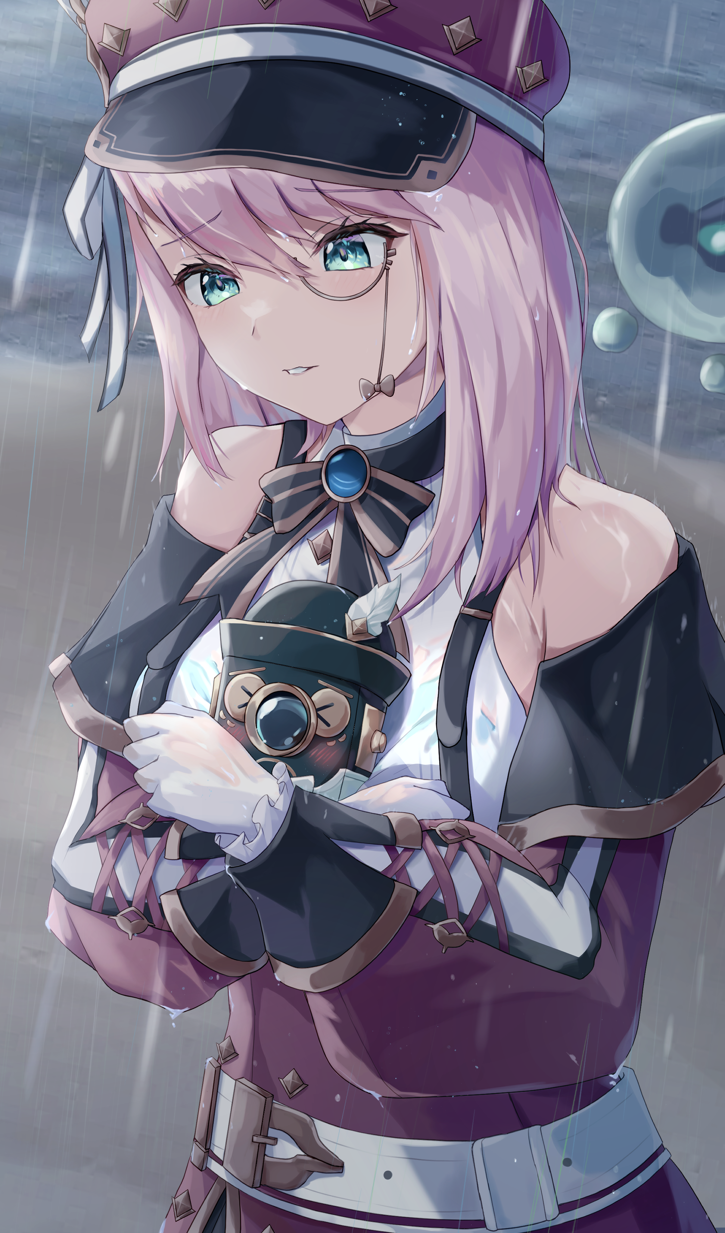 haneshuu rie, charlotte (genshin impact), genshin impact, absurdres, commentary request, highres, revision, 1girl, bare shoulders, belt, blue brooch, blue gemstone, bow, camera, cross-laced clothes, cross-laced sleeves, detached sleeves, gem, gloves, gold trim, hat, holding, holding camera, hydro eidolon (genshin impact), lace-up sleeves, monocle, newsboy cap, pink hair, puffy detached sleeves, puffy sleeves, rain, red hat, red sleeves, wet, wet clothes, white belt, white gloves
