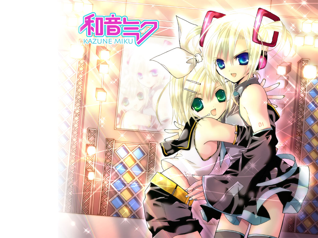koge donbo, hatsune miku, kagamine rin, kazune kujyou, kazune miku, kujou kazune, vocaloid, 1boy, 1girl, child, cosplay, crossdressing, hatsune miku (cosplay), kagamine rin (cosplay), parody, thighhighs, trap