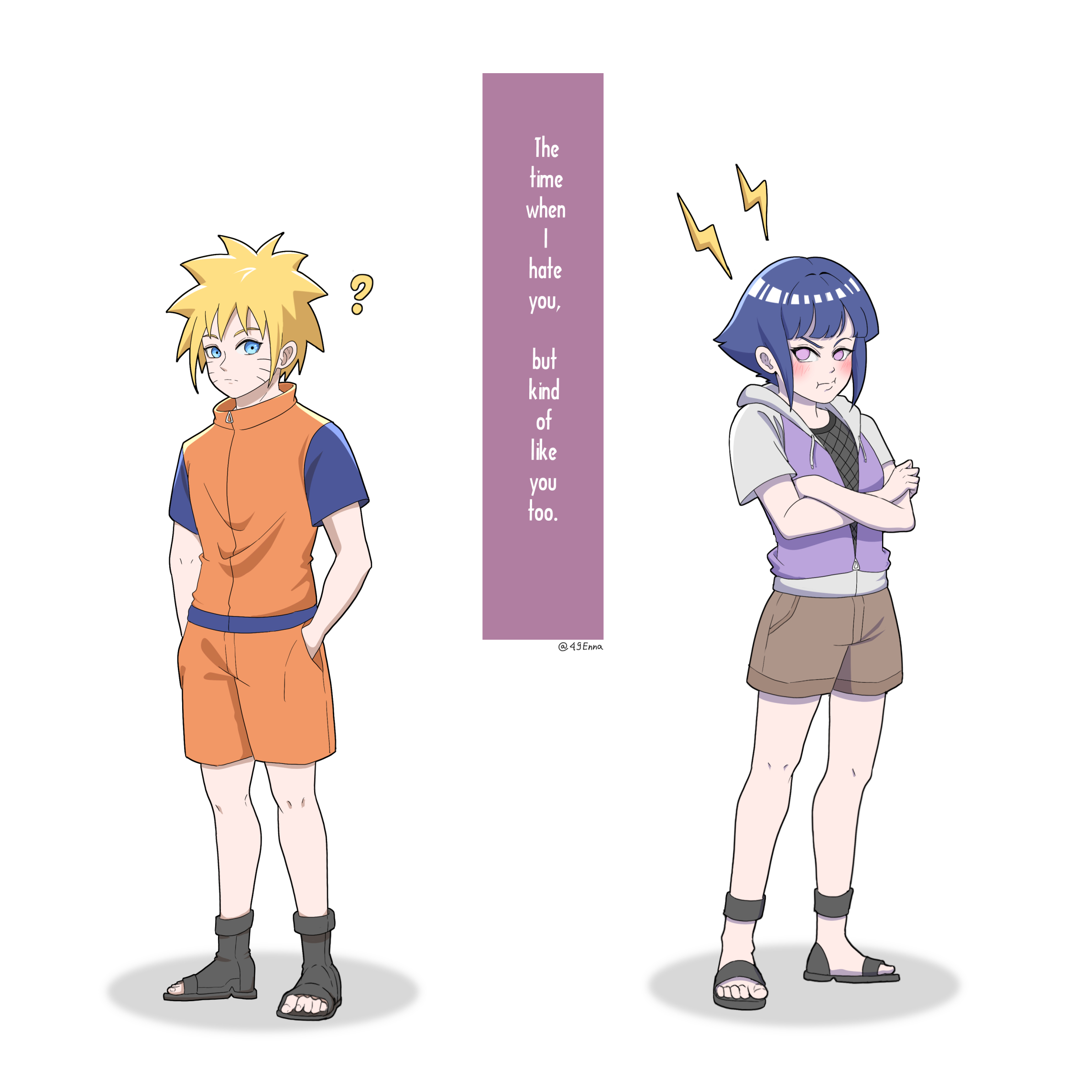 hyuuga hinata, uzumaki naruto, naruto: road to ninja, naruto (classic), naruto (series), naruto shippuuden, commentary, english commentary, highres, 1boy, 1girl, 49enna, ?, aged down, blue hair, facial mark, hands in pockets, hood, hoodie, jacket, namikaze menma, open-toe shoes, orange jacket, orange shorts, pink eyes, pout, sandals, short-sleeved jacket, short hair, short sleeves, shorts, sidelocks, twitter username, whisker markings