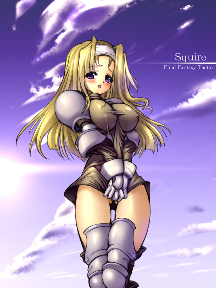 gunner-l, squire (fft), final fantasy, final fantasy tactics, 1girl, armor, blonde hair, blush, bottomless, breasts, covered erect nipples, covering crotch, covering privates, female focus, headband, impossible clothes, impossible shirt, large breasts, open mouth, outdoors, purple eyes, shirt, shirt tug, sky, solo