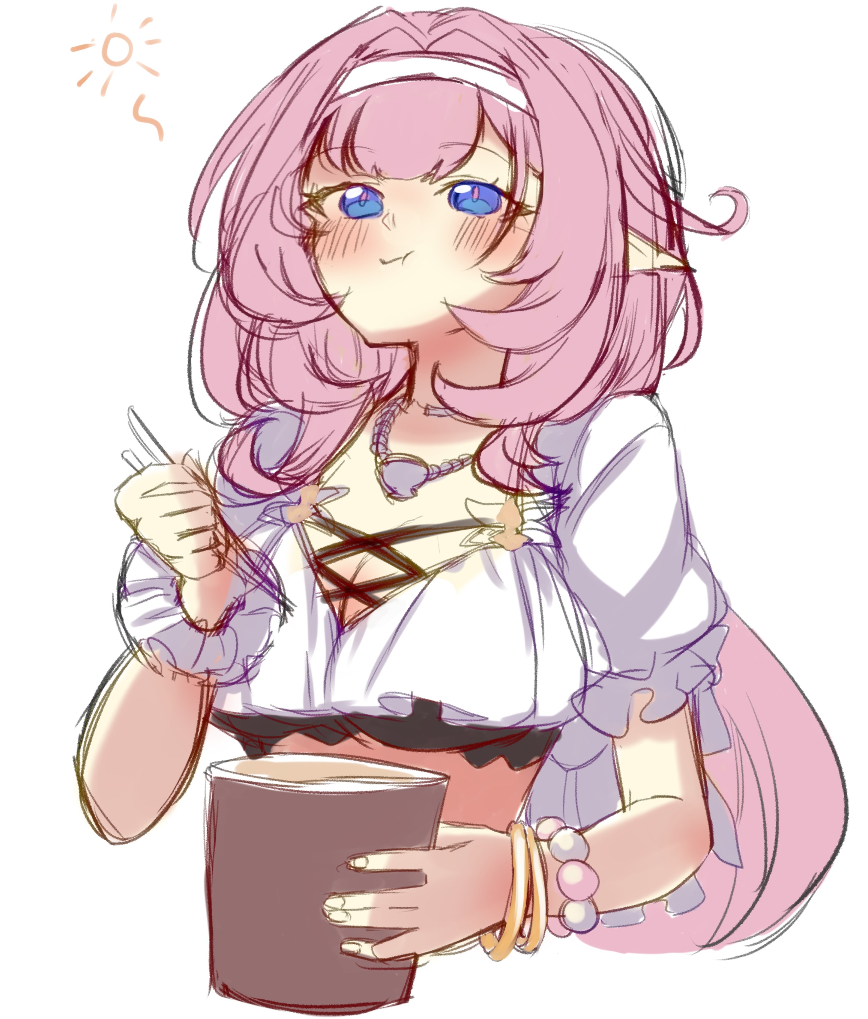 satoyukitowa, elysia (honkai impact), elysia (miss pink elf) (honkai impact), elysia (summer miss elf) (honkai impact), honkai (series), honkai impact 3rd, absurdres, commentary request, highres, 1girl, bikini, blue eyes, bracelet, breasts, chopsticks, cleavage, cropped torso, cup ramen, eating, hairband, holding, holding chopsticks, jewelry, large breasts, long hair, necklace, official alternate costume, pearl bracelet, pink hair, shell, shell necklace, simple background, solo, swimsuit, very long hair, white background, white bikini, white hairband