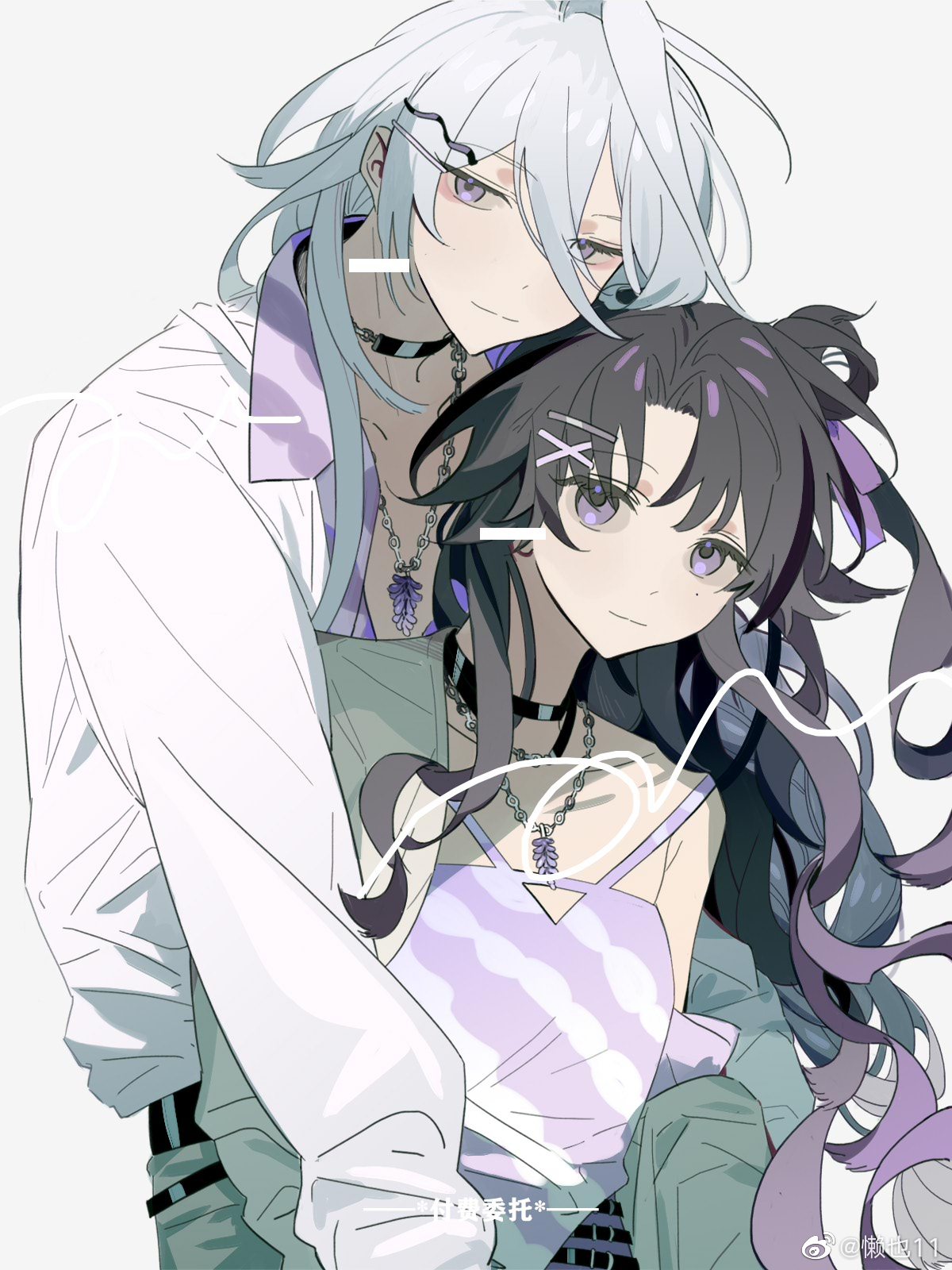 original, highres, 1boy, 1girl, bare shoulders, black hair, choker, collared shirt, gradient hair, hair between eyes, hair bun, hair ornament, hairclip, hug, hug from behind, jacket, jewelry, lanye11, long hair, long sleeves, looking at viewer, multicolored hair, necklace, off shoulder, open clothes, open jacket, parallel hairclips, purple eyes, purple hair, sample watermark, shirt, smile, very long hair, watermark, white hair, white shirt