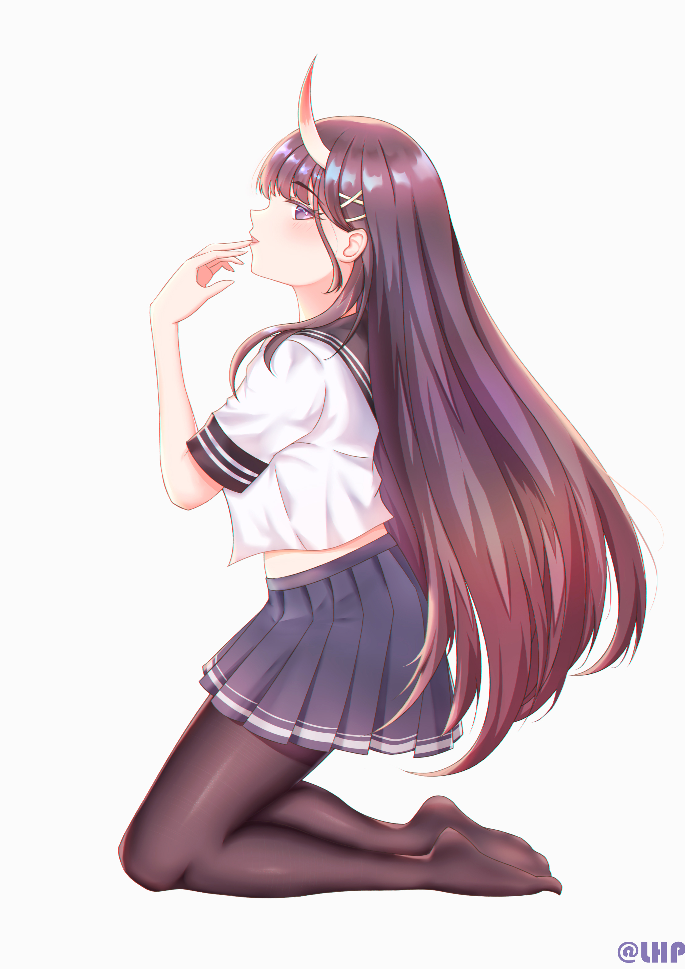 lhpovo, noshiro (azur lane), azur lane, absurdres, highres, 1girl, black sailor collar, blue skirt, brown hair, finger to mouth, from side, hair ornament, horns, long hair, midriff peek, miniskirt, pantyhose, pleated skirt, purple eyes, sailor collar, shirt, shirt overhang, simple background, skirt, solo, very long hair, white background, white shirt, x hair ornament