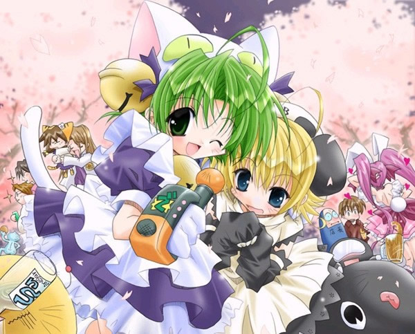 hijiri rue, dejiko, gema, piyoko, puchiko, usada hikaru, di gi charat, di gi charat (1999), ouran high school host club, 00s, 4boys, 4girls, ;d, ahoge, black dress, blonde hair, blue dress, blue eyes, blush, cherry blossoms, child, dress, festival, green eyes, green hair, hanami, looking at viewer, multiple boys, multiple girls, one eye closed, open mouth, outdoors, party, plant, smile, tree