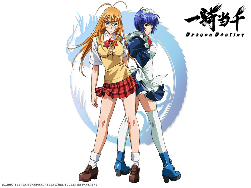 rin-sin, ryomou shimei, sonsaku hakufu, ikkitousen, ikkitousen dragon destiny, white legwear, official art, official wallpaper, 00s, 2girls, ahoge, ankle boots, antenna hair, apron, aqua eyes, back-to-back, bare legs, blonde hair, blue eyes, blue hair, blunt bangs, blush, bob cut, bobby socks, boots, bow, bowtie, breasts, copyright name, dated, dragon, dress, eyepatch, frilled apron, frills, from side, hair between eyes, high heel boots, high heels, lace, large breasts, light smile, loafers, logo, long hair, looking at viewer, looking back, maid, maid apron, maid headdress, miniskirt, multiple girls, orange hair, petticoat, plaid clothes, plaid skirt, pleated skirt, red skirt, school uniform, serafuku, shirt, shoes, short dress, short hair, short sleeves, skirt, smile, socks, standing, sweater vest, taut clothes, taut shirt, thighhighs, vest, white background