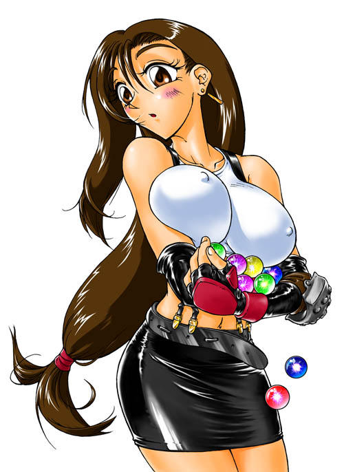 kuma (rusty cage), tifa lockhart, final fantasy, final fantasy vii, 1990s (style), 1girl, blush, breasts, brown eyes, brown hair, covered erect nipples, female focus, large breasts, long hair, low-tied long hair, materia, miniskirt, nipples, pencil skirt, retro artstyle, simple background, skirt, solo, white background