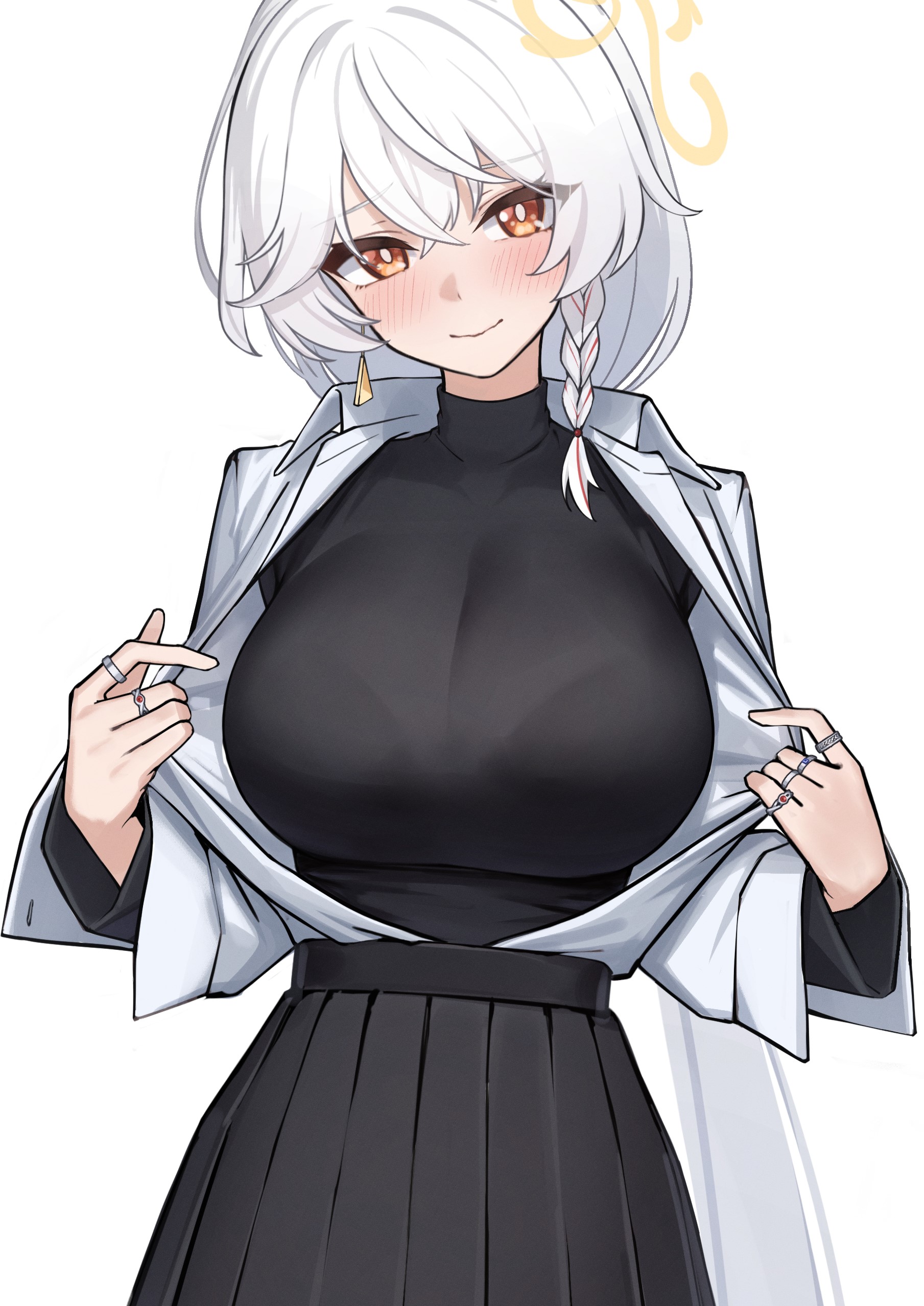 aoi riko, eri (blue archive), blue archive, absurdres, highres, 1girl, black shirt, black skirt, braid, bralines, breasts, brown eyes, brown halo, crossed bangs, earrings, hair between eyes, halo, jewelry, large breasts, long hair, long sleeves, miniskirt, multiple rings, open clothes, open shirt, opened by self, pleated skirt, ring, shirt, single braid, single earring, skirt, solo, tilted halo, triangle earrings, turtleneck, turtleneck shirt, white hair, white shirt