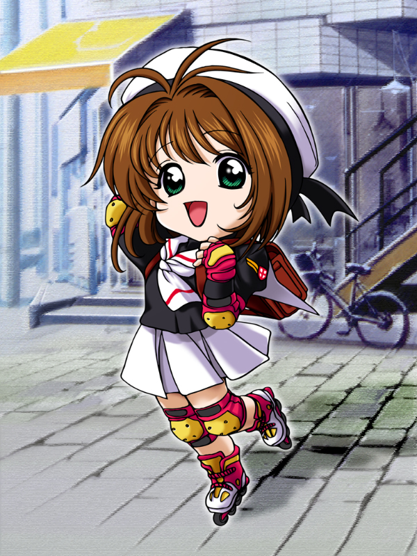 d-ten, kinomoto sakura, cardcaptor sakura, 1990s (style), 1girl, brown hair, chibi, child, female focus, full body, hat, inline skates, retro artstyle, roller skates, school uniform, serafuku, skates, solo, tomoeda middle school uniform, white hat