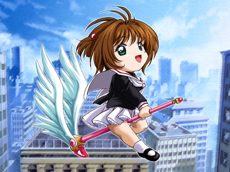 d-ten, kinomoto sakura, cardcaptor sakura, 1990s (style), 1girl, brown hair, chibi, child, female focus, full body, fuuin no tsue, magical girl, mary janes, retro artstyle, school uniform, serafuku, shoes, solo, tomoeda middle school uniform, wand, wings