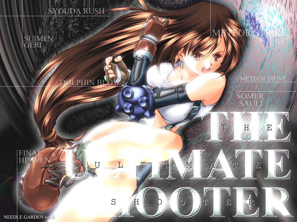 kantori, needle garden, tifa lockhart, final fantasy, final fantasy vii, non-web source, 1990s (style), 1girl, boots, breasts, brown eyes, brown hair, censored, cleavage, convenient censoring, crop top, earrings, elbow gloves, elbow pads, female focus, fighting stance, fingerless gloves, gloves, jewelry, large breasts, leaning, leg up, long hair, low-tied long hair, midriff, miniskirt, open mouth, ponytail, red eyes, retro artstyle, shoes, skirt, socks, solo, suspenders, tank top, very long hair