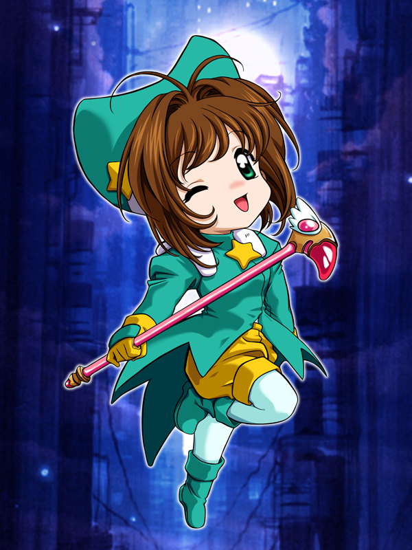 d-ten, kinomoto sakura, cardcaptor sakura, 1990s (style), 1girl, blue hat, brown hair, chibi, child, female focus, full body, fuuin no tsue, hat, magical girl, one eye closed, pantyhose, retro artstyle, solo, wand, white pantyhose, wink