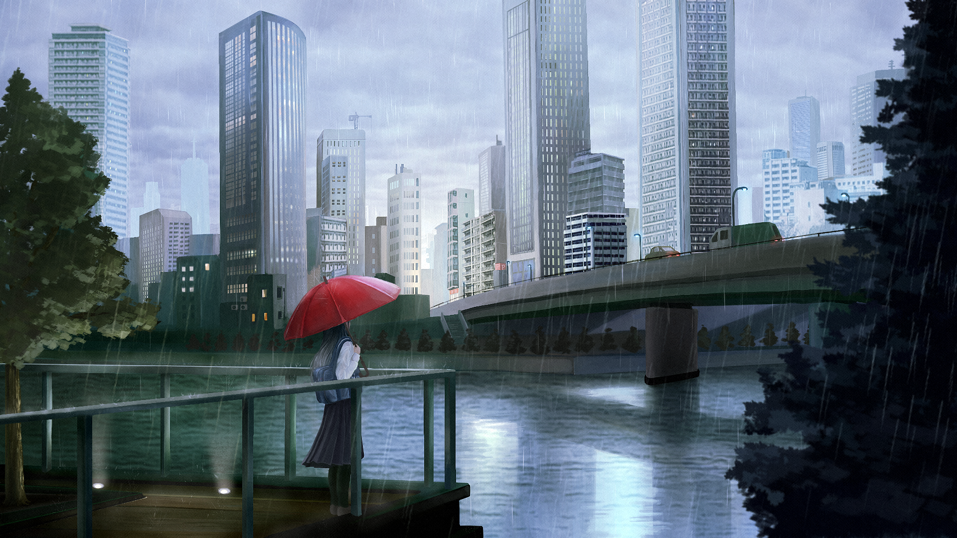 original, commentary, commentary request, english commentary, highres, mixed-language commentary, 1girl, akariga, backpack, bag, black pantyhose, black skirt, bridge, building, car, cityscape, day, from behind, holding, holding umbrella, long sleeves, medium skirt, motor vehicle, outdoors, overcast, pantyhose, pleated skirt, rain, red umbrella, reflection, reflective water, river, scenery, school uniform, shirt, skirt, sky, skyscraper, solo, standing, tree, umbrella, white shirt, wide shot
