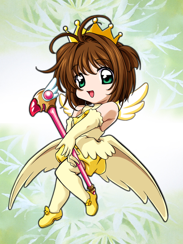 d-ten, kinomoto sakura, kinomoto sakura (miraculous sakura), cardcaptor sakura, 1990s (style), 1girl, brown hair, chibi, child, crown, female focus, full body, fuuin no tsue, hat, magical girl, pantyhose, retro artstyle, solo, wand, wings